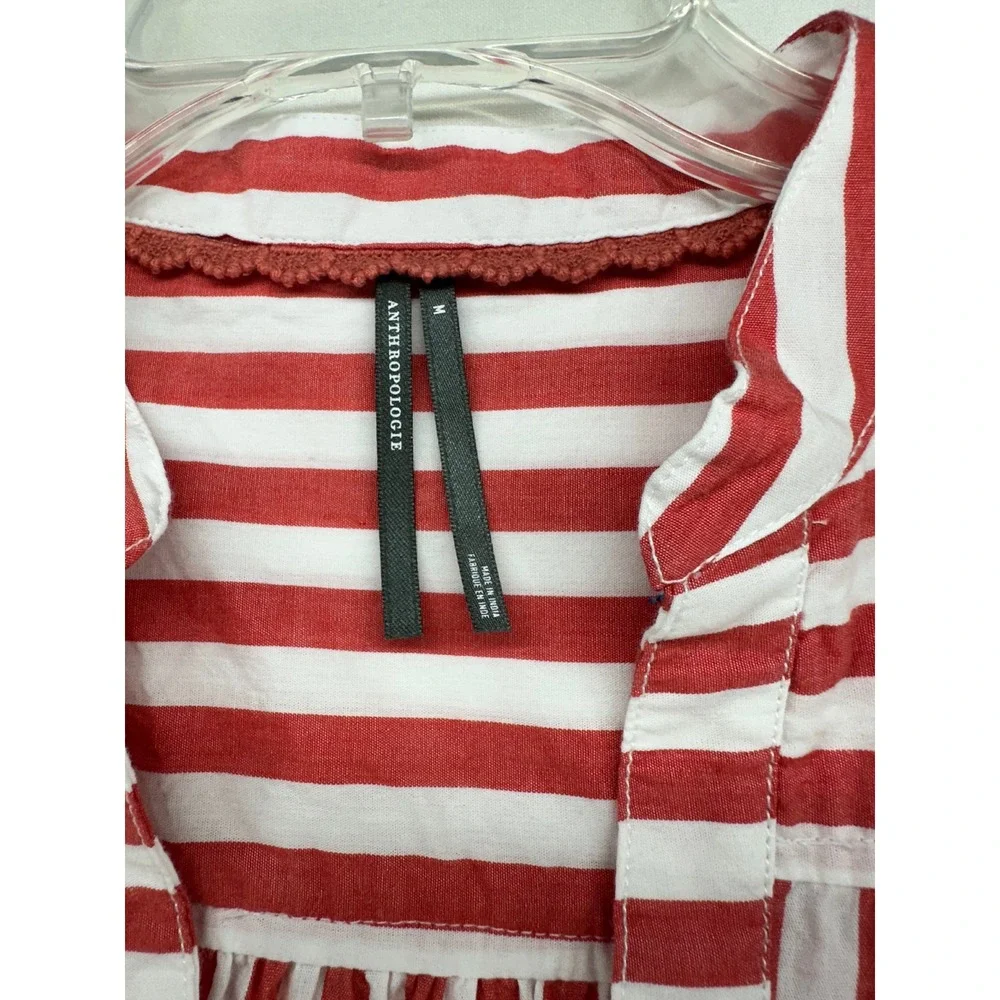 Anthropologie Red White Striped Puff Sleeve Cotton Blouse Top Shirt Boho Medium